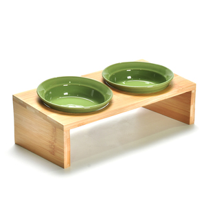 Bình nước gốm đôi nâng cao chống trơn trượt thân thiện với môi trường cho thú cưng, có khung gỗ, có thể tháo rời - Product Image 2