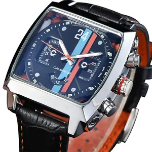 Black Quartz Watch Men Waterproof Square Dial Wristwatch with Chronograph Leather Strap Luminous Hands