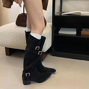 Bottes à talons hauts <span class=keywords><strong>pour</strong></span> femmes avec boucle de ceinture pointue manches épaisses conception large doublure en maille à motif solide <span class=keywords><strong>pour</strong></span> l'hiver - Product Image 2