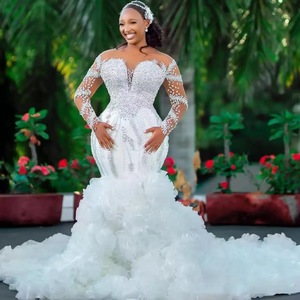 Afrikanisches Hochzeitskleid 2025 Luxuriöses Meerjungfrau-Kleid mit Kristallperlen Illusionsärmeln Rüschen Schleppe Hochwertige Brautrobe Maßanfertigung - Product Image 1