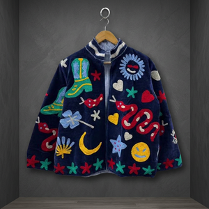 Premium Hand Embroidered <b>Velvet</b> Jacket Stand Collar Full Sleeve Autumn <b>Women's</b> <b>Coat</b> With Colorful Patchwork Design - Product Image 3