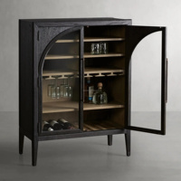 Meuble à vin de luxe en bois noir avec portes vitrées cintrées, casier à bouteilles et étagères, présentoir de bar autoportant pour salle à manger