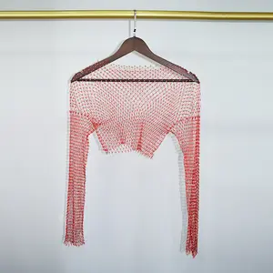 Giáng Sinh Màu Đỏ Tốt Nhất Bán Phụ Nữ Của Quần Áo Sexy Lưới Rhinestone Áo Ghi Lê Hàng Đầu Của Phụ Nữ Ngắn Hot Girl Fishnet T-Shirt Crop Top