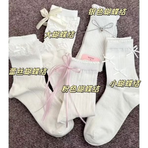 Chaussettes blanches en dentelle avec nœud, longueur cheville, respirantes, absorbant la transpiration, pour jeunes, style décontracté - Product Image 4