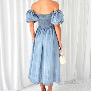 <span class=keywords><strong>Robe</strong></span> bandeau d'été décontractée personnalisée Loose Flare Ruffles Puff Short Sleeve Light Blue Maxi Jeans Solid Color Denim Breathable - Product Image 5