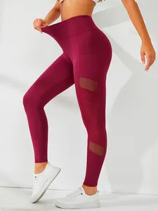 Custom Logo Vrouwen Groothandel Mesh Doorschijnende Zwarte Meisjes Zakken Strepen Hoge Taille Yoga Legging Dames Sport Broek Butt Lift