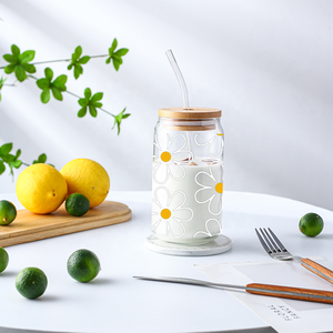 <span class=keywords><strong>Margherita</strong></span> bianca 16oz libey in vetro con coperchio di bambù e paglia può modellare il vetro con disegno floreale Boho per il succo di latte ghiacciato al caffè - Product Image 6