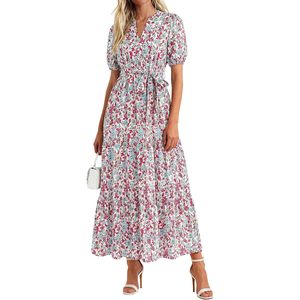 Robe longue d'été pour femme, style bohème, à fleurs, manches courtes, col en V, coupe trapèze, tenue décontractée pour la plage et les vacances - Product Image 1