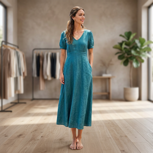 Vestido Midi de Algodón Orgánico Vintage, Transpirable, Teñido Liso, Hecho a Mano, con Lazo, Cuello en V, Manga Corta, Cintura Alta, Casual, para Playa - Product Image 3