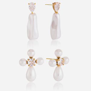 Pendientes de Perlas con Forma de Cruz, Grado AAA, Acero de Titanio, Diseño Geométrico, Engaste de Garra, para Uso Diario - Product Image 1