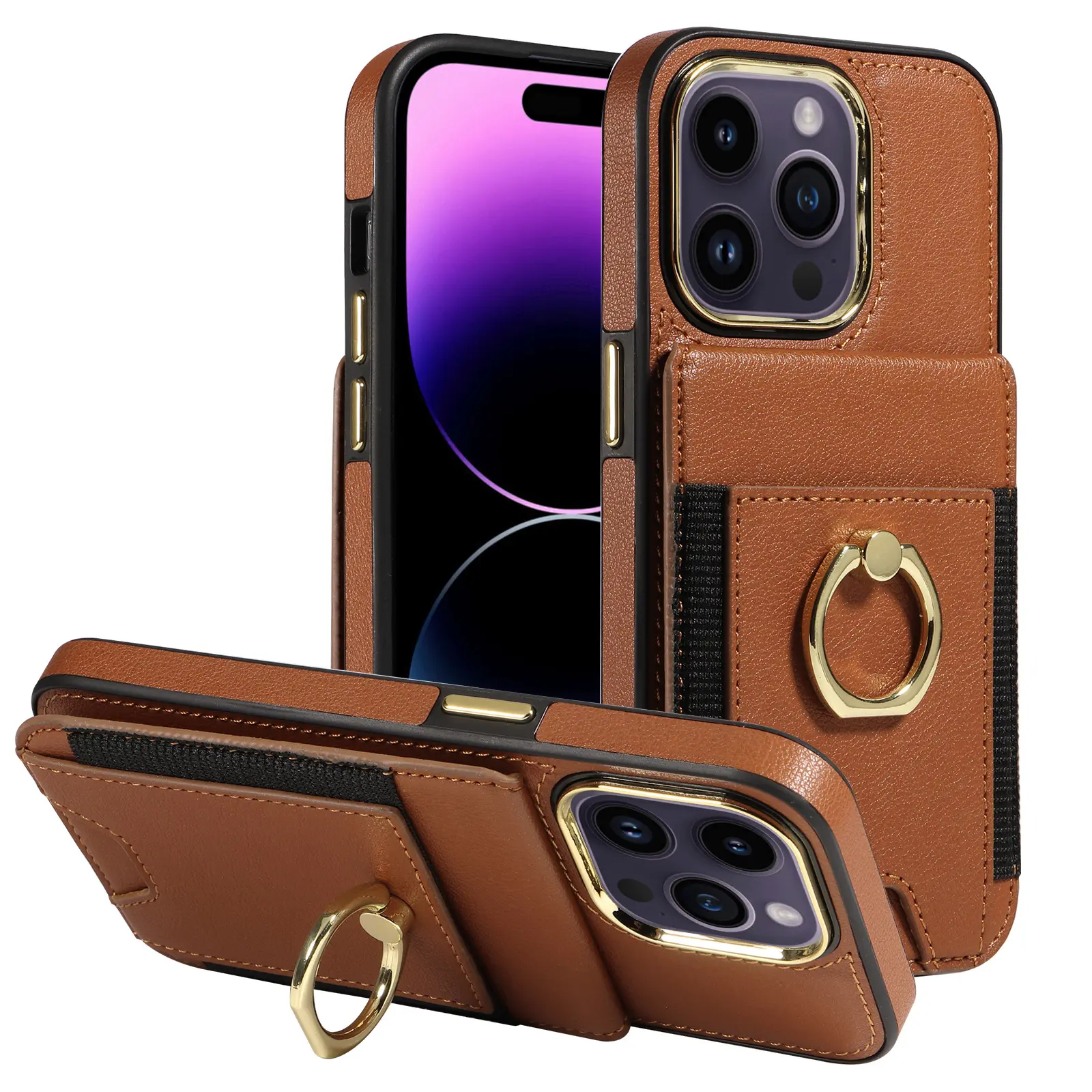 Etui portefeuille en cuir pour femme avec anneau pour iPhone 15plus.