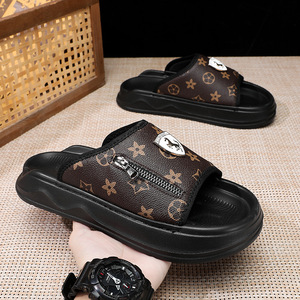Fashion Designer Print PU Slides slippers Open Toe Anti-Slip EVA chunky Sole fashion Summer retro zip Men's Flat Slippers - Product Image 1