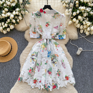 <span class=keywords><strong>Robe</strong></span> imprimée de style vintage pour femmes crochet évidé Design floral tempérament jupe <span class=keywords><strong>mi</strong></span>-<span class=keywords><strong>longue</strong></span> vêtements pour femmes - Product Image 3