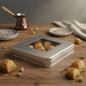 Kontensan L447 Square Tin Can 2.5 Lt Windowed Baklava <b>Sweet</b> Treats <b>Box</b> 215x215x38 mm Slip Lid - Product Image 3
