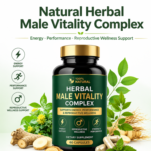 Complex Herbal Male Vitality Support Capsules Supplement for Boosted Energy Stamina Performance Reproductive Health Maintenance