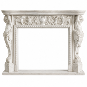 Cheminée traditionnelle en marbre avec sculptures ornées, pierre blanche, décoration murale intérieure pour salon - Product Image 1