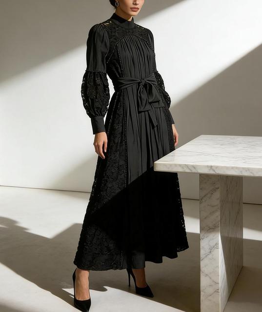 Retro Court Style Heavy Lace Floor-Length Casual Dress 2026 Summer New Style Women's Pearl Trim Waist-cinching Elegant XL