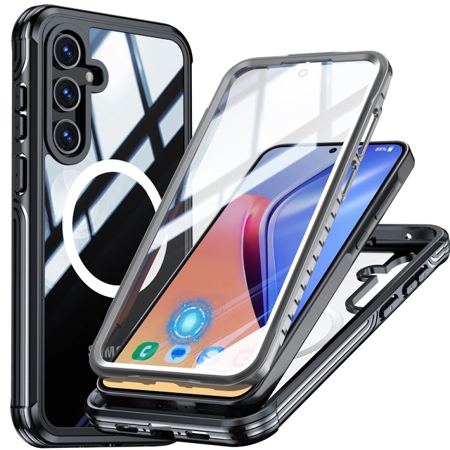 Luxury Dual Tempered Glass Full Coverage Mobile Phone Case for Samsung A55 5G Transparent Fingerprint Unlock Magnetic