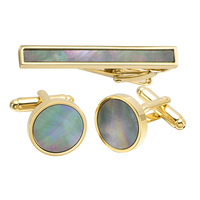 Vente en gros d'accessoires de bijoux personnalisés de haute qualité pour hommes ensemble de boutons de manchette pince à cravate coquille plaqué or en laiton