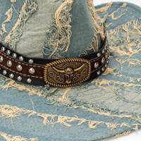 Chapeau de cowboy western en jean délavé vintage avec rivets et boucle en forme de taureau, chapeau de soleil à large bord pour l'extérieur