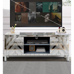 50インチ シルバーミラーテレビメディアコンソール、ダイヤモンドガラスドア、両開きデザイン、オープン収納スペース付き - Product Image 3