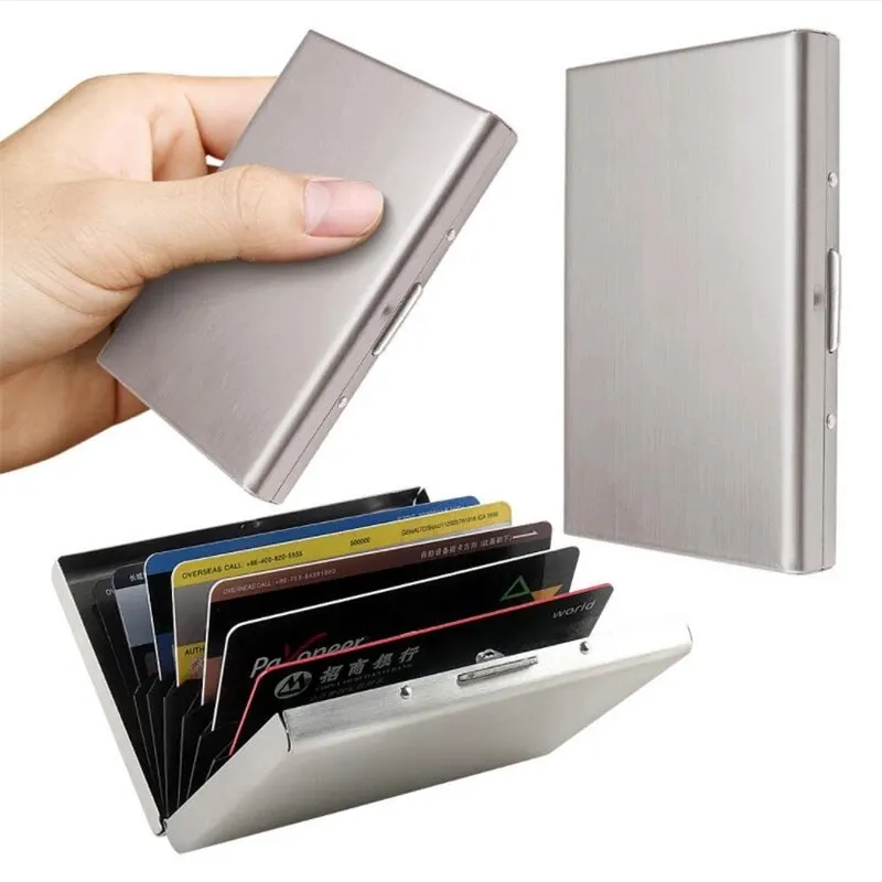 Paslanmaz çelik kredi kart tutucu erkekler ince Anti seyahat korumak kimlik kartı sahibi kadınlar Rfid cüzdan Metal kasa Porte Carte