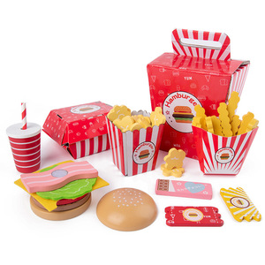 Juego de juguetes de madera para cocina: Hamburguesas, papas fritas y refrescos. Juguetes de simulación de comida rápida para cortar. - Product Image 1