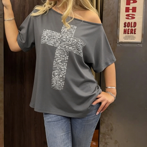 Camiseta Oversize Ecológica para Mujer, Estilo Urbano con Estampado Cruzado y Tachuelas, Manga Corta, Casual y Moderna, Novedad Verano 2026 - Product Image 3