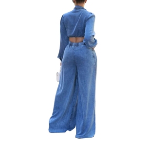 Popular New Casual Lace-up Turn <b>Down</b> Collar Long Sleeve Wide Leg <b>Pants</b> Women's Denim Set Fashion - Product Image 3