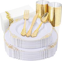 Ensemble de vaisselle jetable en plastique blanc et or de 175 pièces comprenant 50 assiettes dorées, 75 couverts, 25 gobelets, 25 serviettes