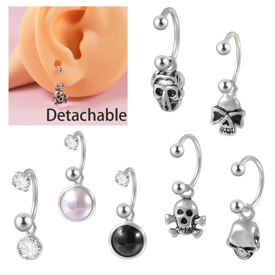 Goth Punk Stainless Steel Skeleton Skull CZ Dangle Lip Piercing