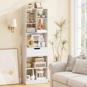 ชั้นวางหนังสือแบบตั้งพื้นสูง 61 นิ้ว แบบกำหนดเอง ชั้นวางของ 7 ชั้น พร้อมลิ้นชัก สำหรับห้องนั่งเล่นและสำนักงาน - Product Image 1