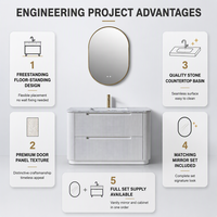 Ensemble de meuble-lavabo autoportant blanc cannelé en contreplaqué avec plateau en marbre blanc, vasque sous plan, miroir LED tactile ovale incurvé à pilier unique