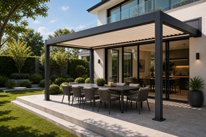 Pergola moderne en aluminium, toit à lames rectangulaires, auvent d'extérieur pour patio, revêtement poudré noir, résistant aux intempéries - Product Image 5