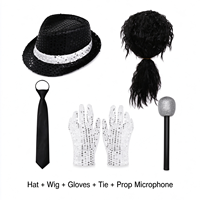 Kit d'accessoires style chanteur vintage : Perruque bouclée, chapeau à sequins, cravate et gants – Accessoires de déguisement pour scène de carnaval pour enfants et adultes