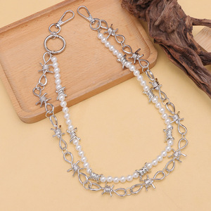 Cadena de cintura Yueli Trendy Pearl Spike de doble capa con púas y perlas de imitación para uso diario. - Product Image 4