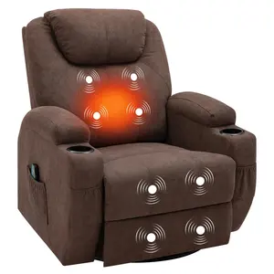 带按摩和加热功能的办公室旋转摇杆躺椅深棕色沙发椅，带遥控器和两个杯架