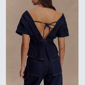 Blusa de Verano, Nueva Moda, Informal para Mujer, Cuello en V, Plisada, de Mezclilla, Manga Corta, Camisa Informal - Product Image 2