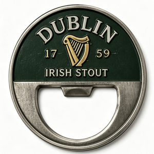Abridor de Botellas Dublin Irish Stout, Circular, de Aleación de Zinc Fundido a Presión, Pin Metálico de Recuerdo, Diseño de Arpa Bañado en Oro - Product Image 1