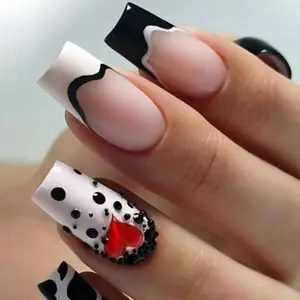 Coeur rouge presse sur les ongles carré brillant couverture complète moyen acrylique faux ongles artificiels réutilisables ensemble avec lime à colle