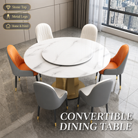 Table à manger ronde élégante et convertible avec plateau en pierre et pieds en métal, table à manger de luxe léger, table convertible pour la maison