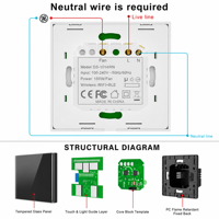 Ventilateur intelligent WiFi BLE personnalisable avec lumière, interrupteur 2-en-1, norme EU/UK, panneau en verre trempé 1 gang, compatible Tuya Alexa Google Home