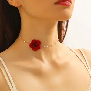 Colorful Flower Rosette Choker Gold Plated Satellite Bead Necklace Elegant Flower Choker Necklace Fabric Mesh Chiffon Rose