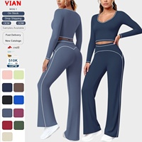 Conjunto de Dos Piezas para Yoga y Ejercicio, Top Corto con Cuello en V y Manga Larga, Pantalones de Cintura Alta y Pierna Ancha, 11 Colores