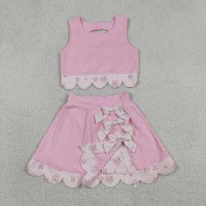 ชุดเด็กผู้หญิง GSD3321 rts Little Active Girl สีชมพูอ่อน ลายตารางหมากรุก แต่งขอบหยัก ชุดขายส่ง เสื้อแขนกุด กระโปรงโยคะ - Product Image 4