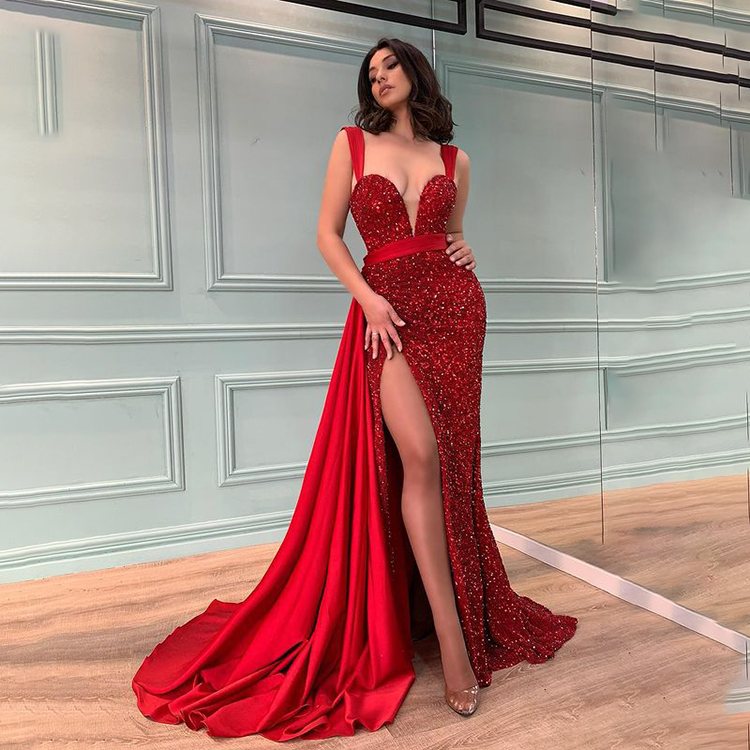 ZISE Luxury Vintage Red Dress Vestidos De Fiesta Noche Gala Rojos Chic Longue Fendue Robe Soiree Rouge Sequin Long Evening Dress