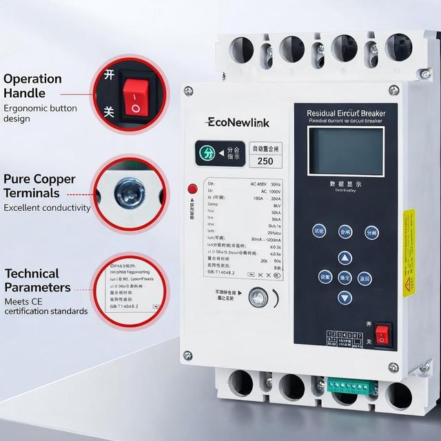 Smart RCBO 4P MCCB Auto Recloser RS485 Modbus Remote Control IEC60947-2 Certified 100A-250A Adjustable Molded Case Circuit