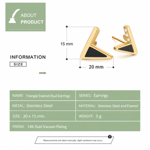 Boucles d'oreilles clous triangulaires or et noir en acier inoxydable plaqué or 14K sous vide, boucles d'oreilles géométriques émaillées - Product Image 3
