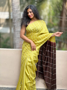 Sari Tradicional de Seda Pura con Rayas Amarillas y Marrones para Mujer, Estilo Étnico Indio, Largo hasta el Suelo, Corte Regular, para Todas las Temporadas - Product Image 6
