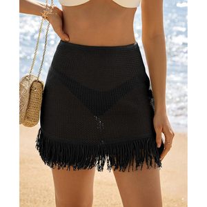 <b>Womens</b> Knit Mini <b>Skirt</b> With Tassel Hem Solid Color Casual Summer <b>Skirt</b> For Beach Vacation Clubwear - Product Image 4